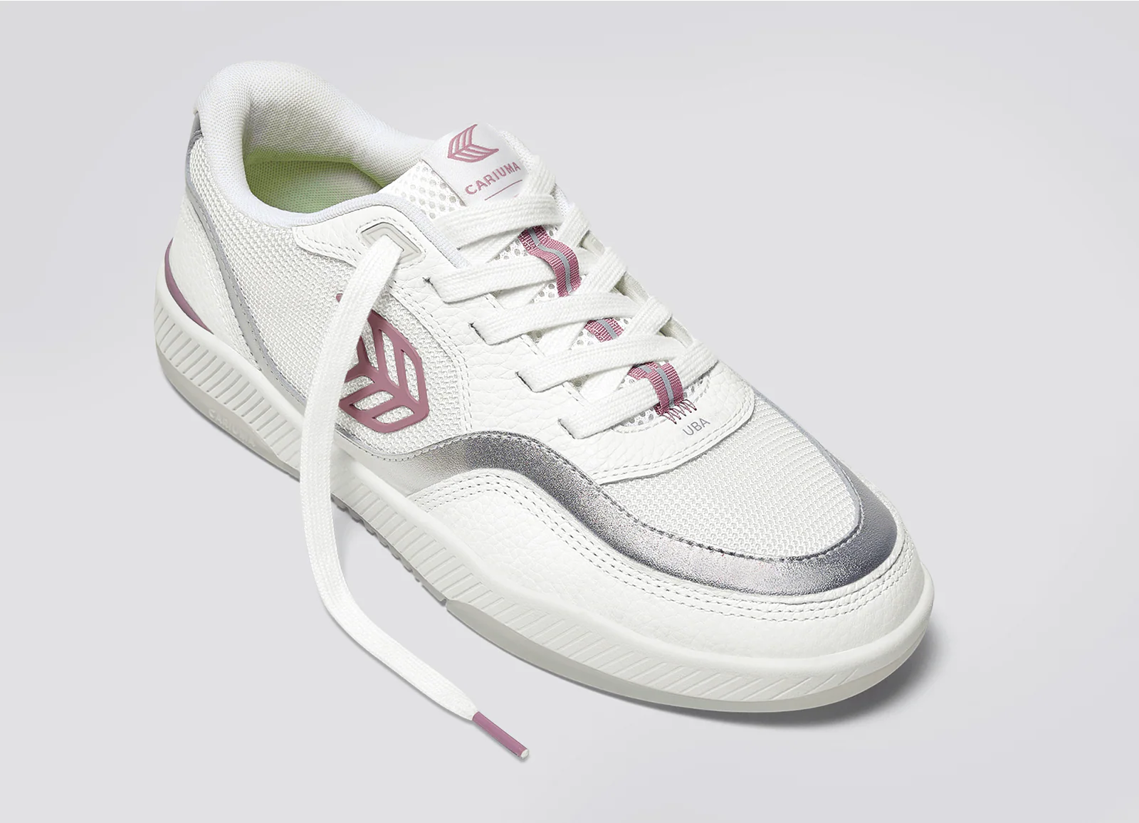 UBA White Leather and Suede Blush Pink Logo Silver Accents Sneaker - Image 4